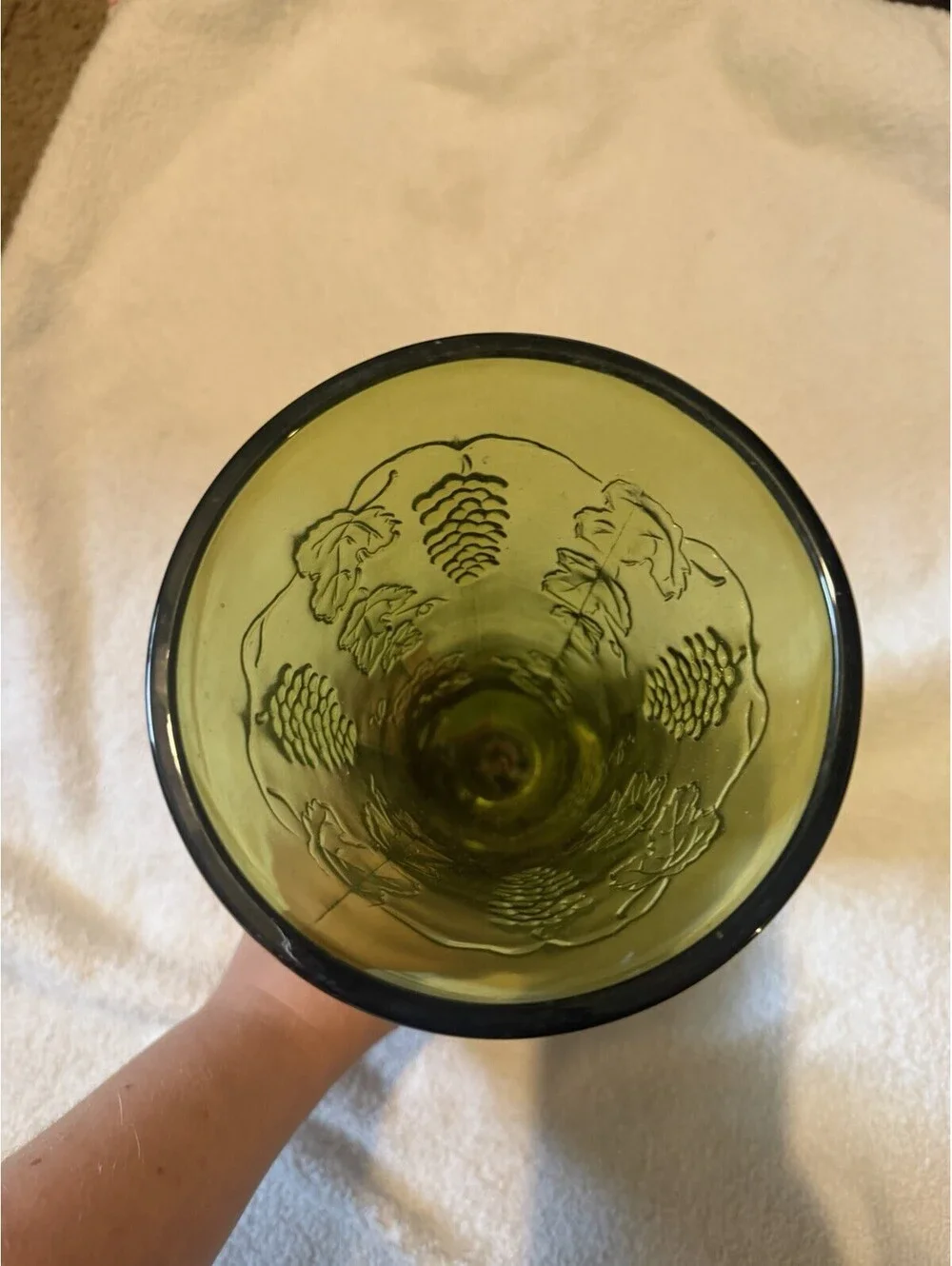 Indiana Glass Vintage Footed Green Vase with Grapes Leaves